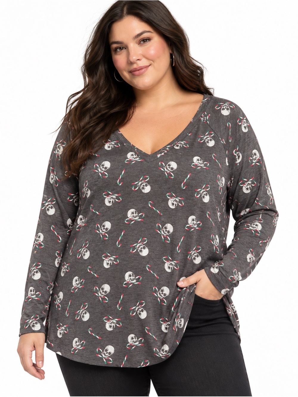 Torrid 3X Skull Candy Cane Christmas Holiday Long Sleeve Top Gray